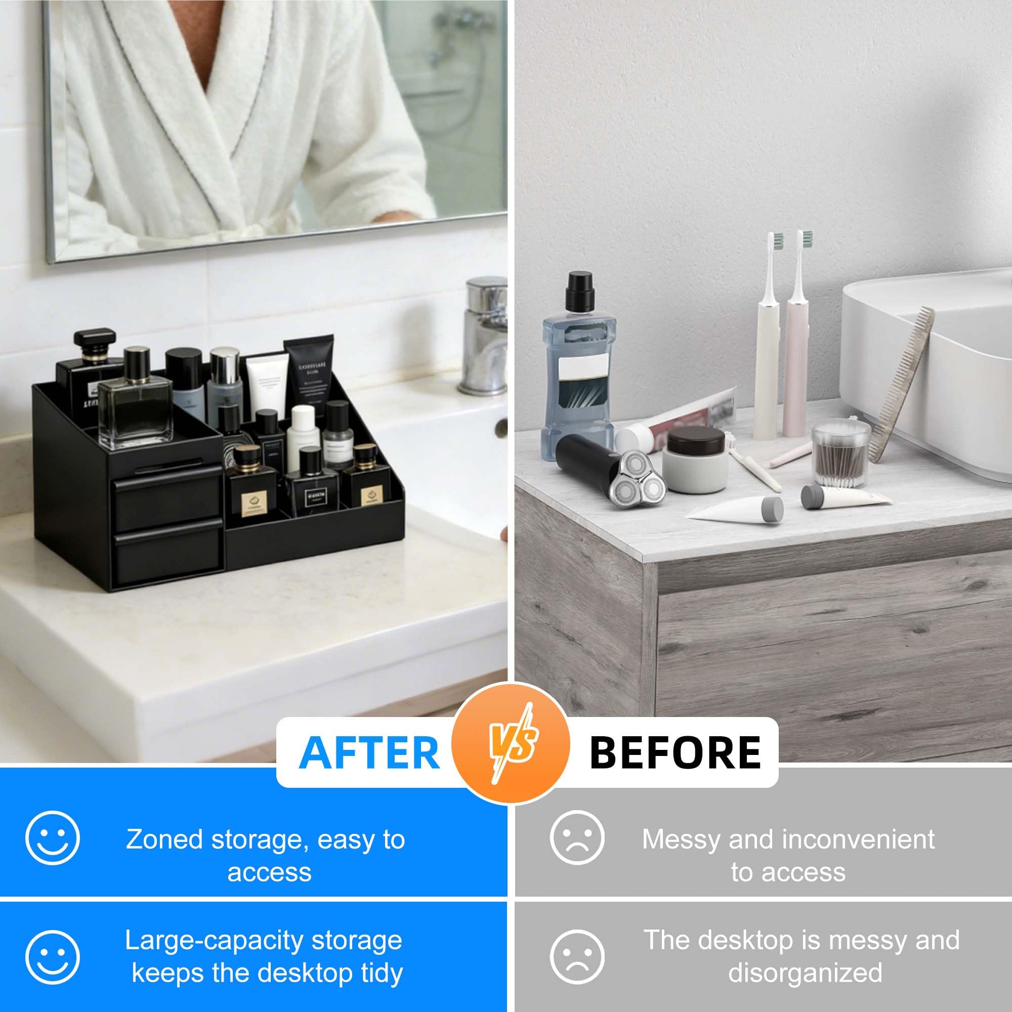 Turesmith on bathroom counter organizing cologne and skincare for tidy routines