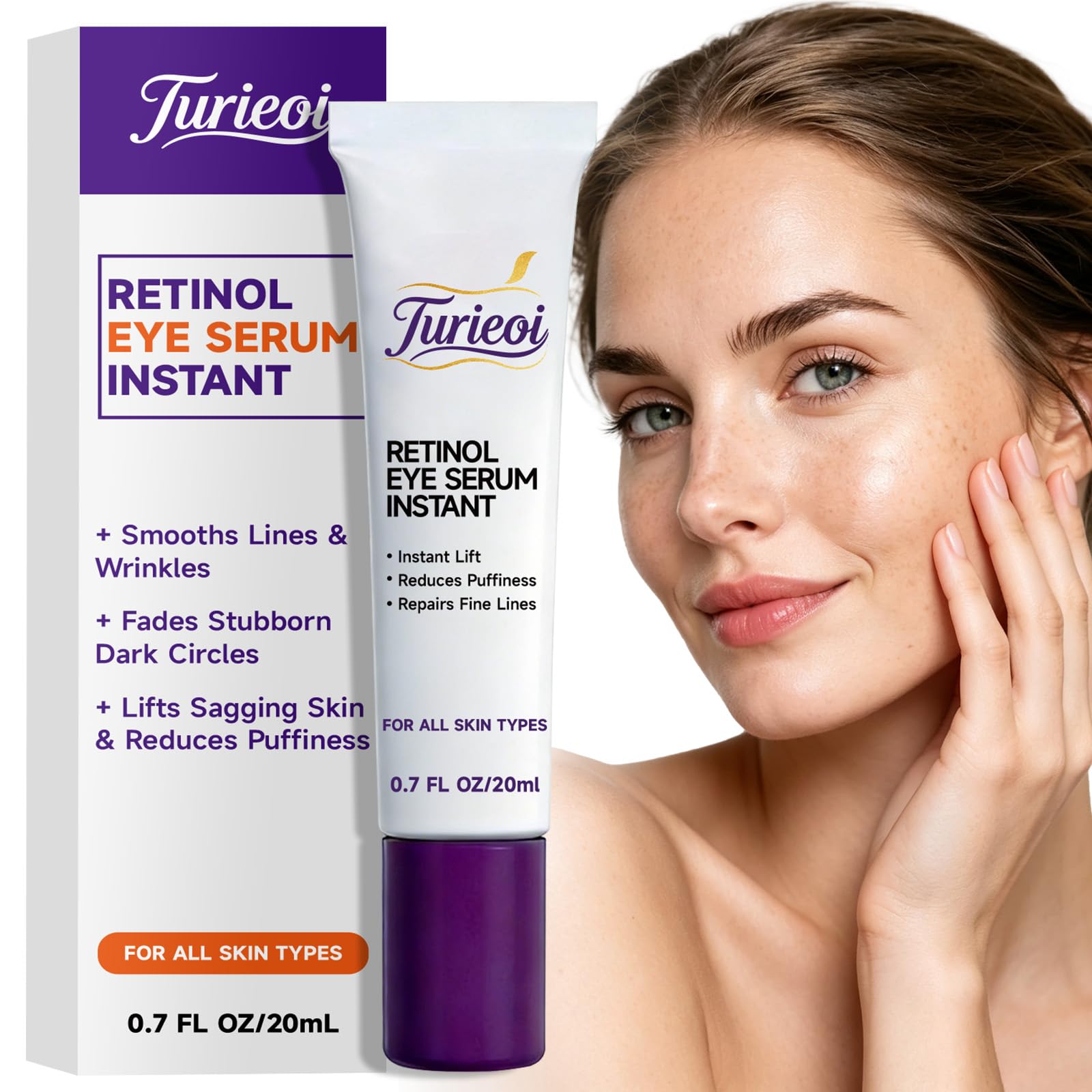Turieoi front packaging shows bottle and box, clear benefit of firming