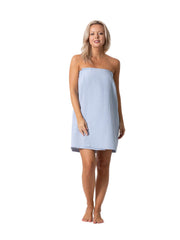 Turkish Linen wrap front view showing light blue color and neat fit benefit comfort
