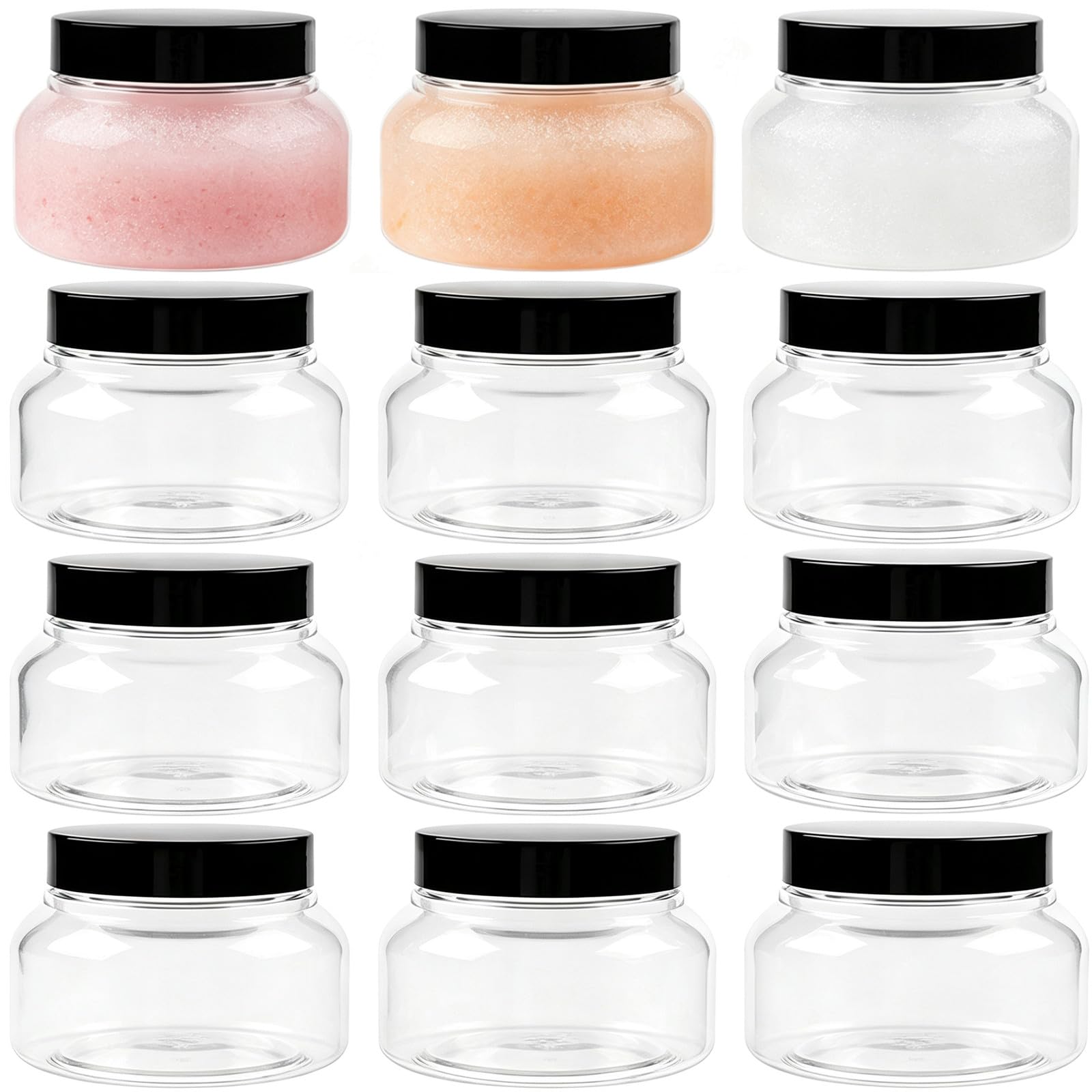 TUZAZO clear 12-pack front view showing glossy PET jars for neat display