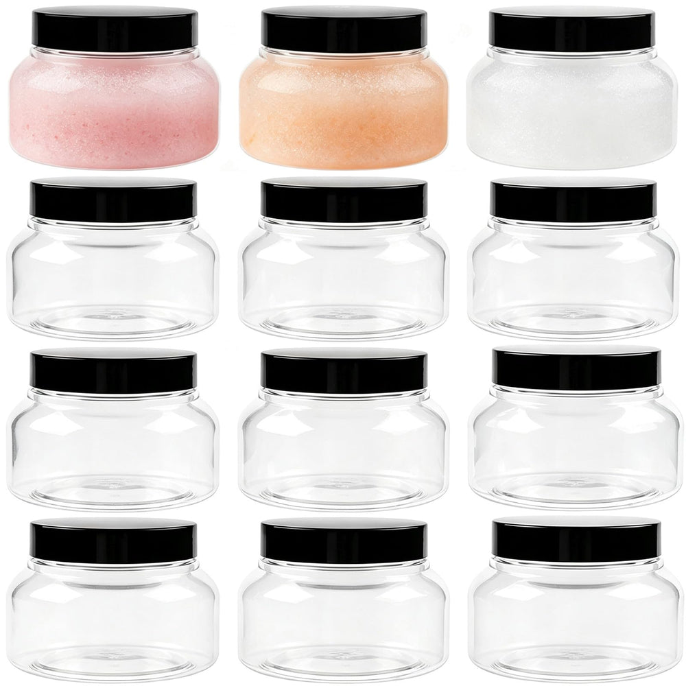 TUZAZO clear 12-pack front view showing glossy PET jars for neat display
