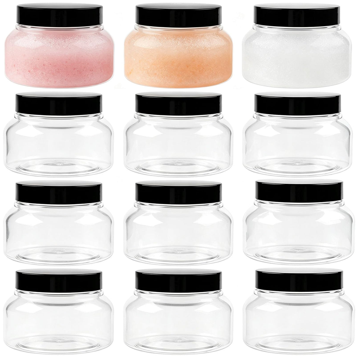 TUZAZO clear 12-pack front view showing glossy PET jars for neat display