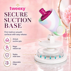 tweexy holder with bottle inserted tilted to show spill prevention benefit