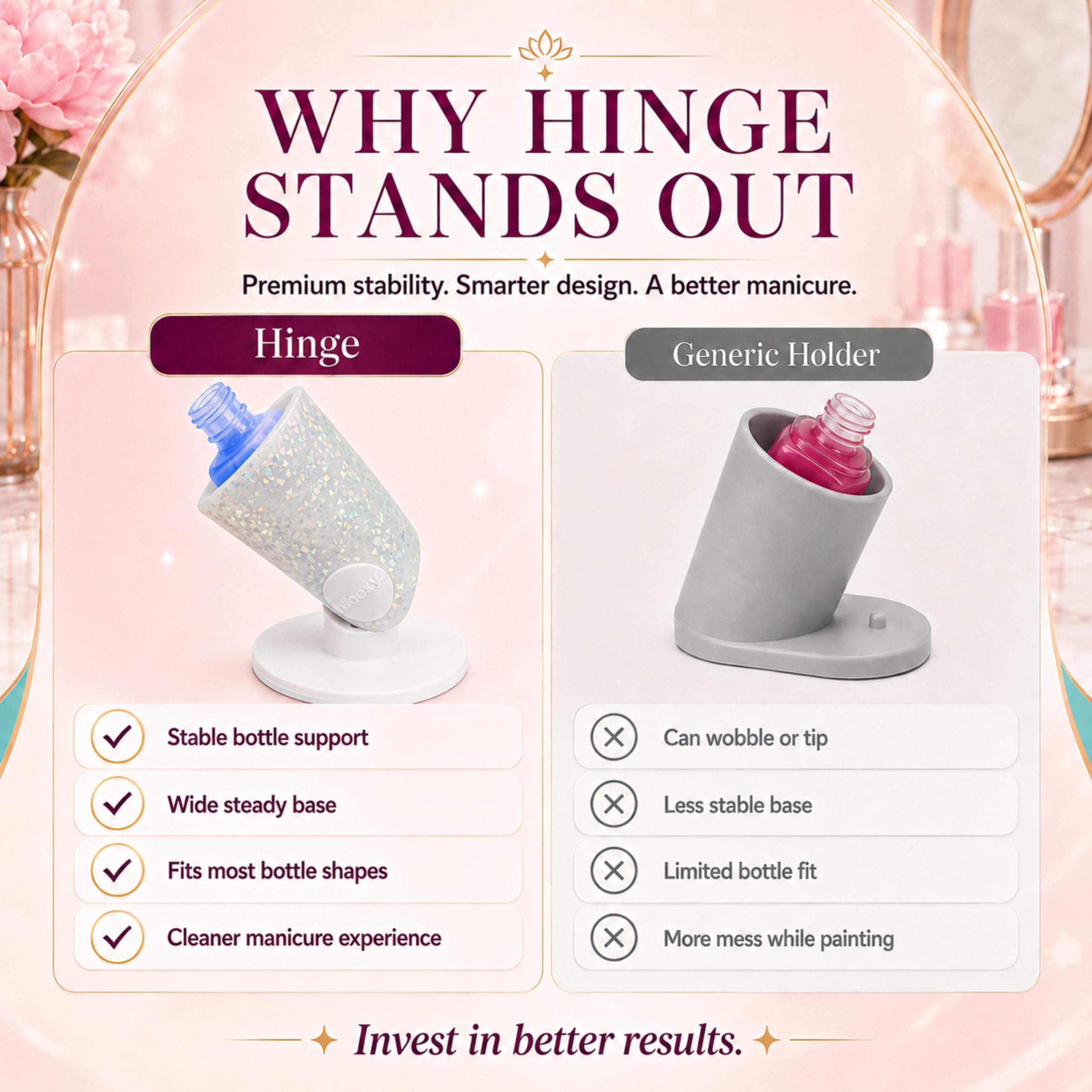 tweexy Hinge on a manicure station illustrating hands-free nail art convenience