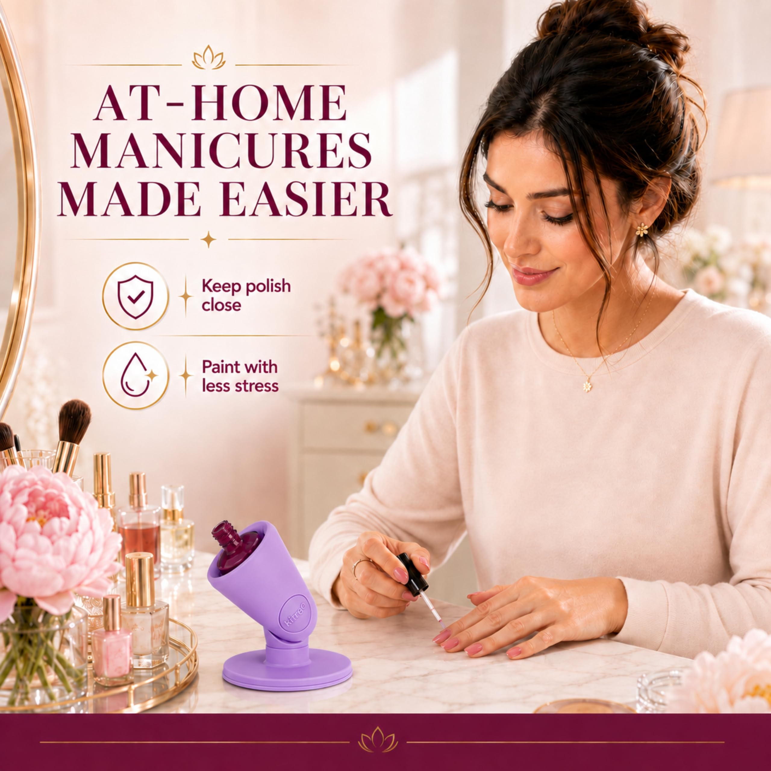 tweexy in use on a manicure table letting both hands remain free while painting
