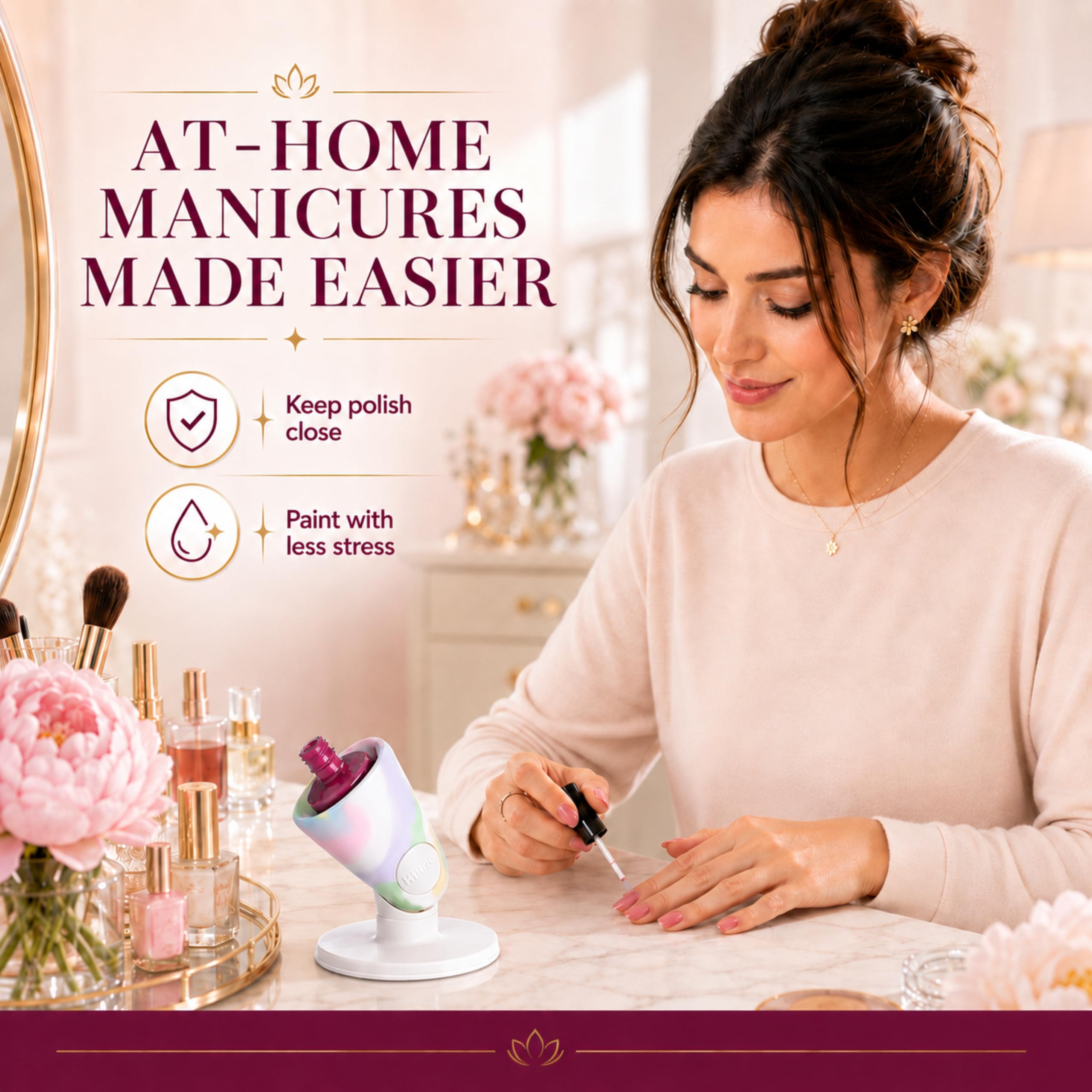 tweexy holder in use while hands paint nails showing hands-free convenience
