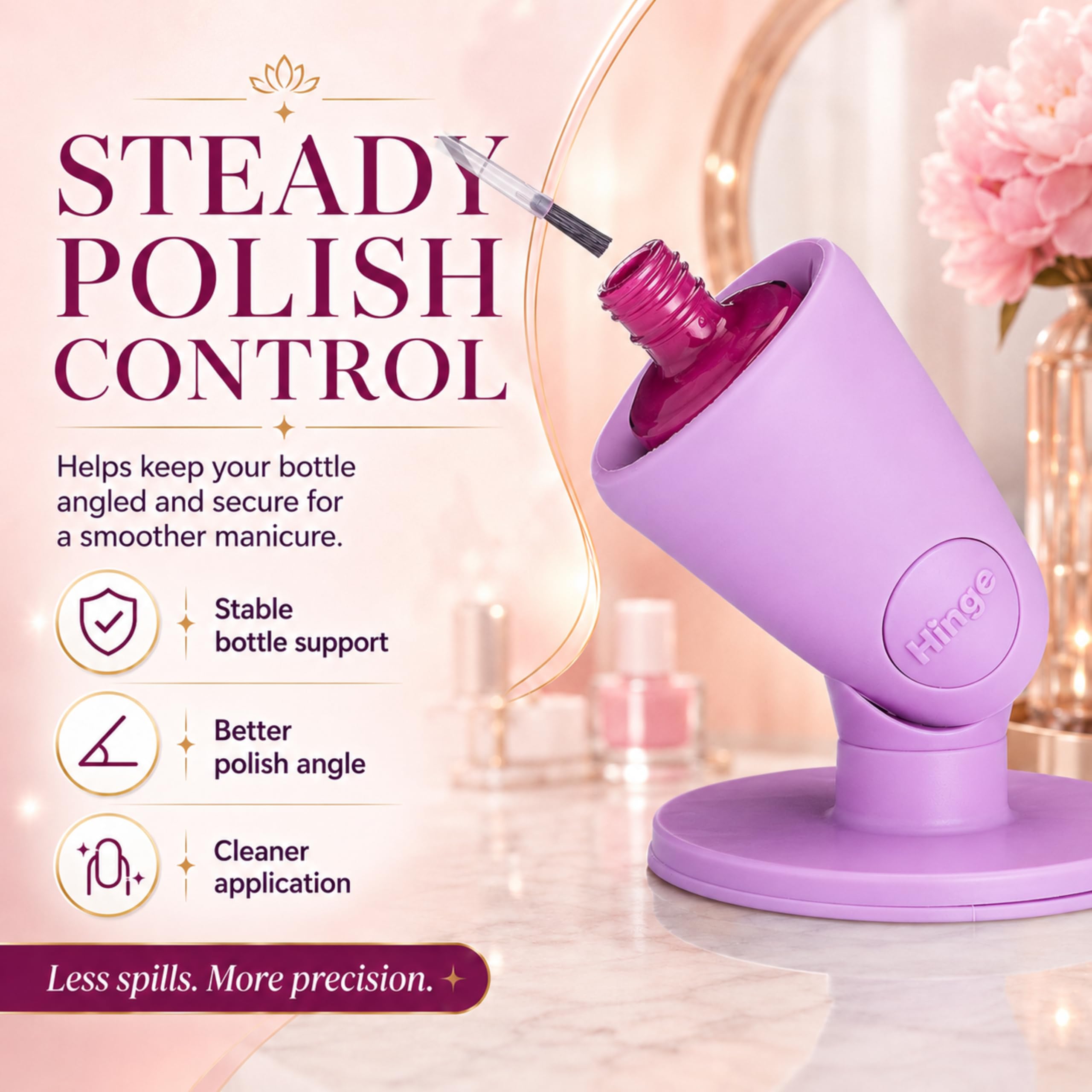 tweexy holding a tilted polish bottle in silicone cradle for steady, spill-free painting