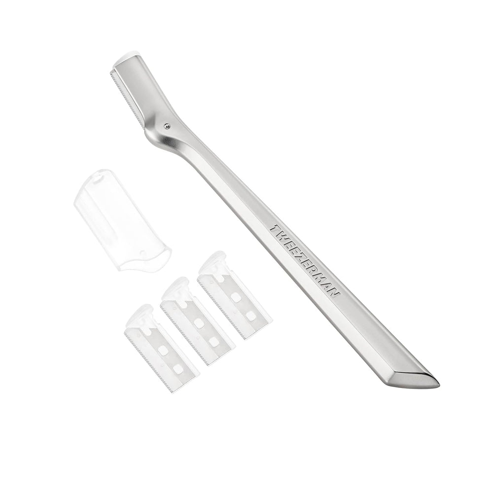 Tweezerman brow razor front view showing slim head for precise shaping and control