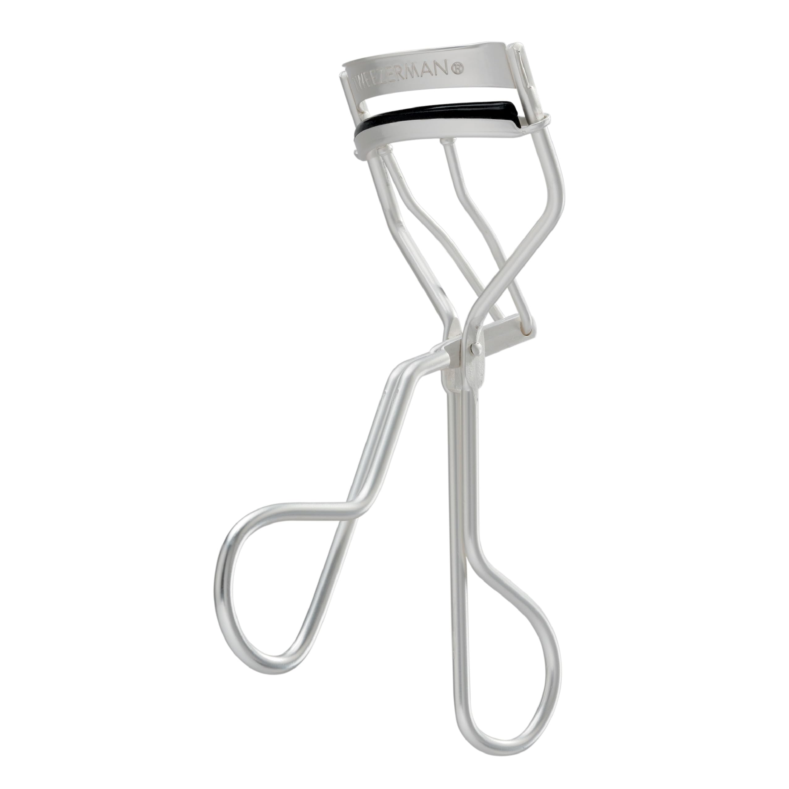 Tweezerman metallic curler front view showing ergonomic shape and precise curling benefit