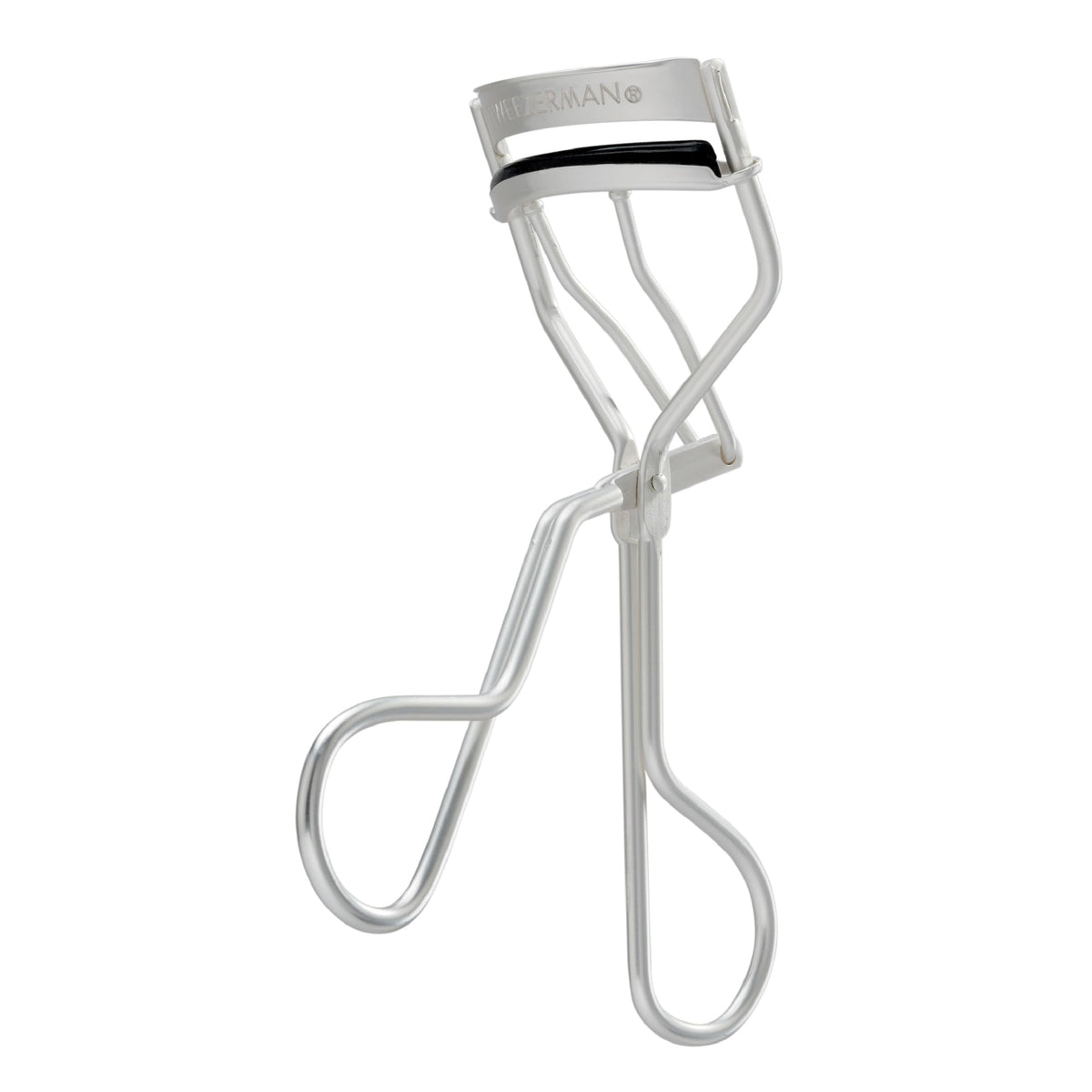 Tweezerman metallic curler front view showing ergonomic shape and precise curling benefit