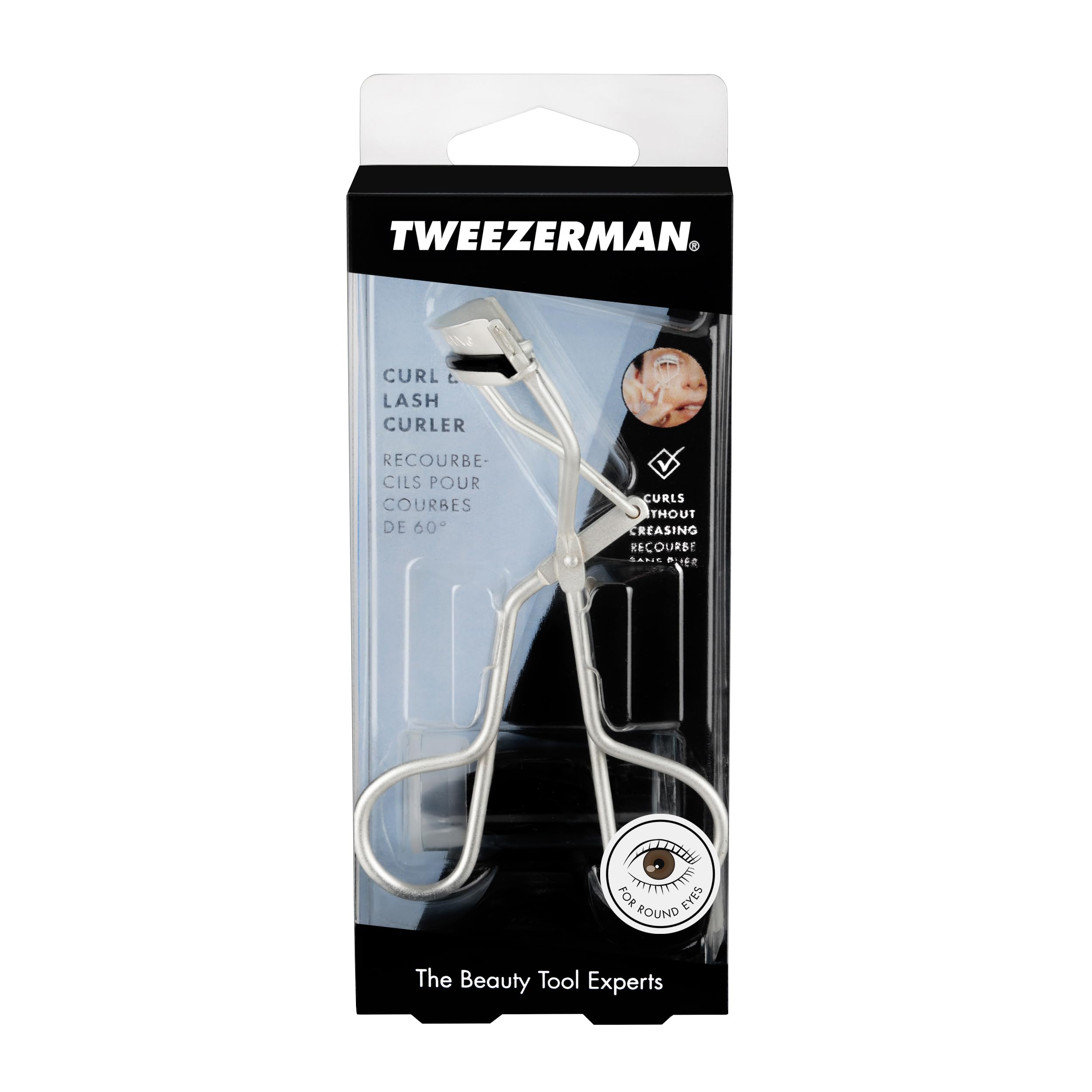 Tweezerman product packaging and label showing rust-resistant metallic finish benefit