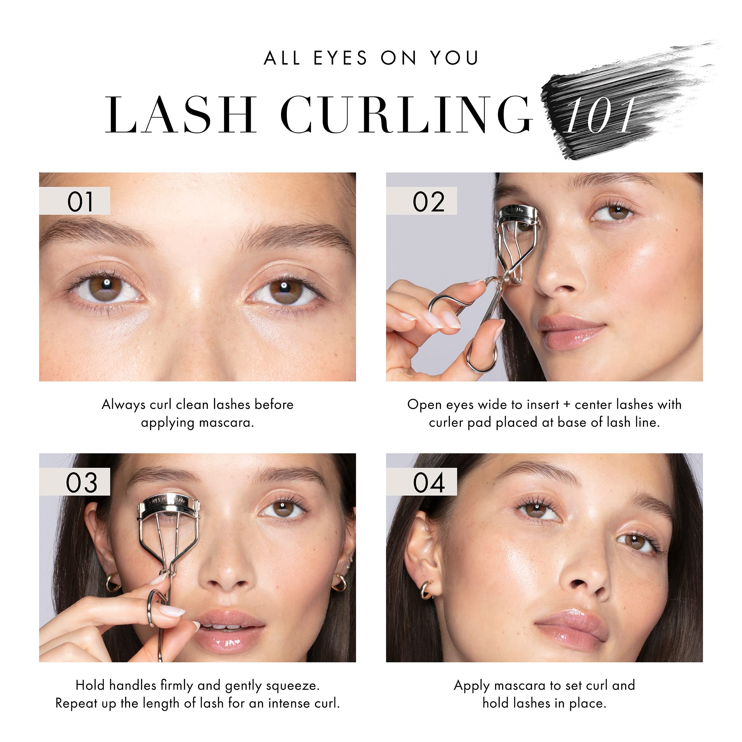 Tweezerman Curl 38 used on an almond-shaped eye demonstrating full lash reach and lift