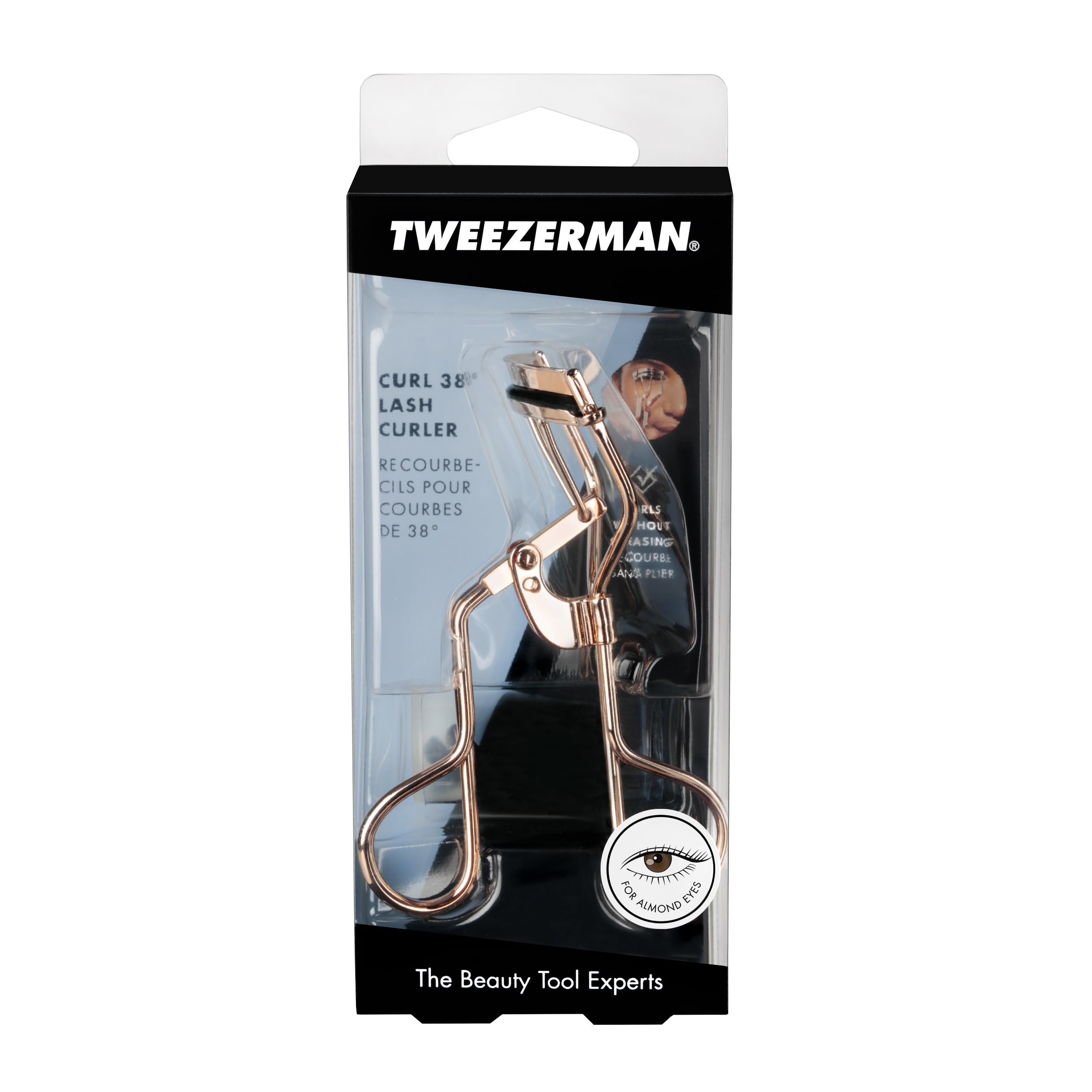 Tweezerman Curl 38 in retail packaging showing brand presentation and gift-ready appeal