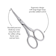 Tweezerman curved blade detail showing precision edge for tight-area trimming