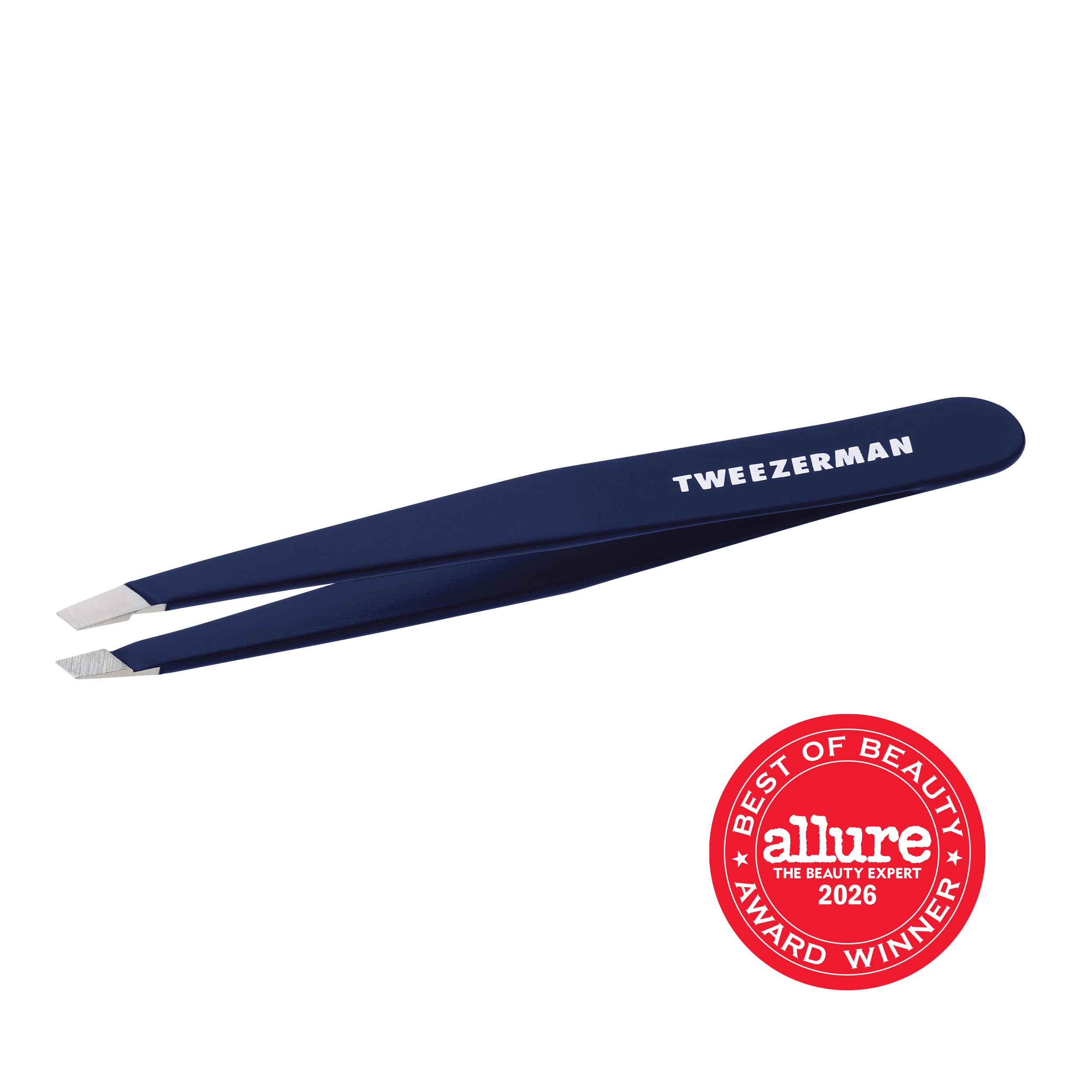 Tweezerman evening blue in use on brow demonstrating clean shaping