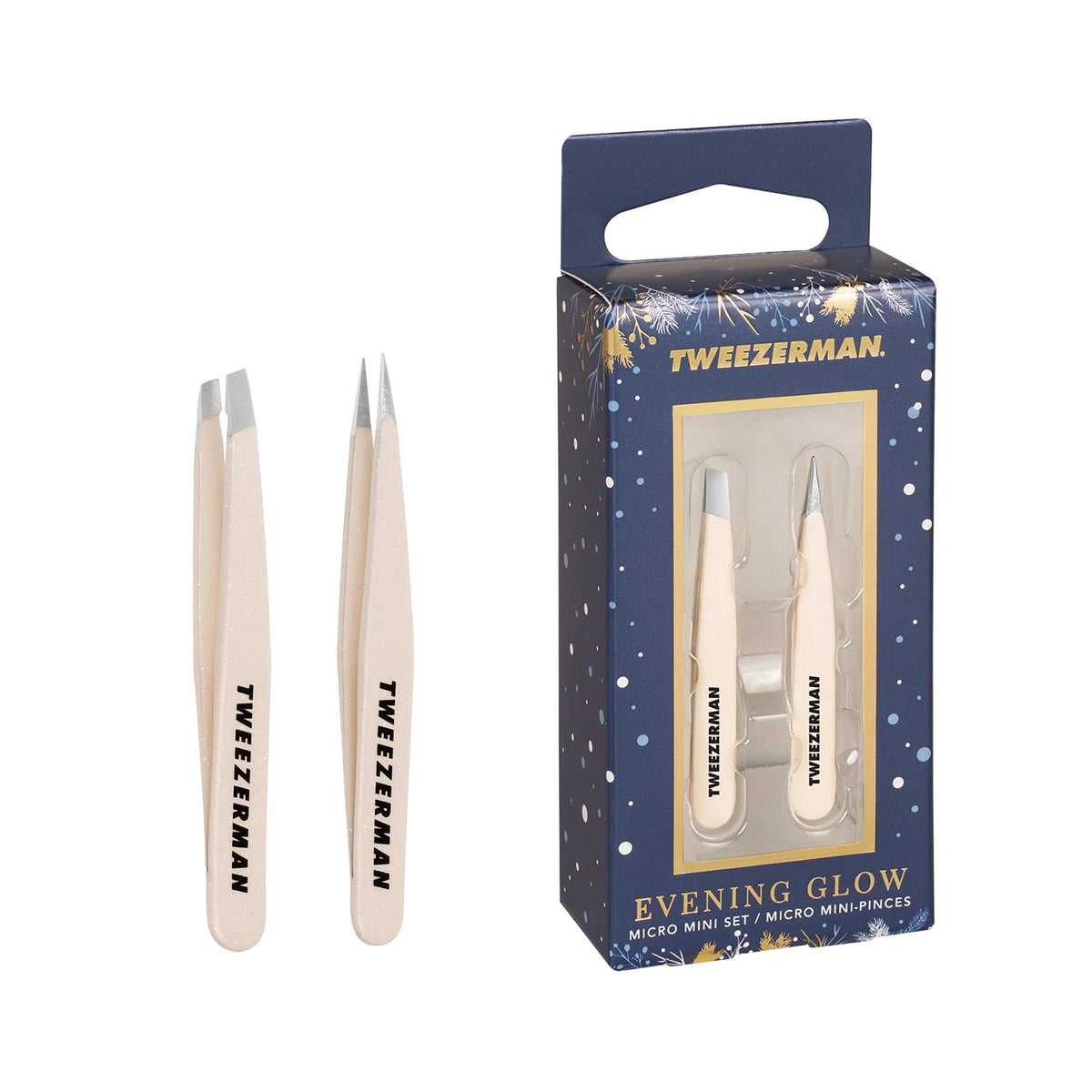 Tweezerman front packaging showing evening glow set, elegant gift-ready look