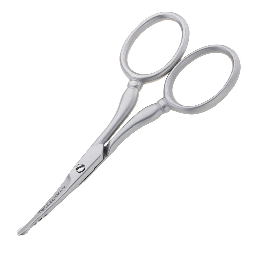 Tweezerman front view of facial hair scissors showing overall compact design and control
