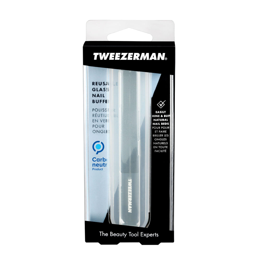 Tweezerman buffer on vanity styled setting showing neat grooming result