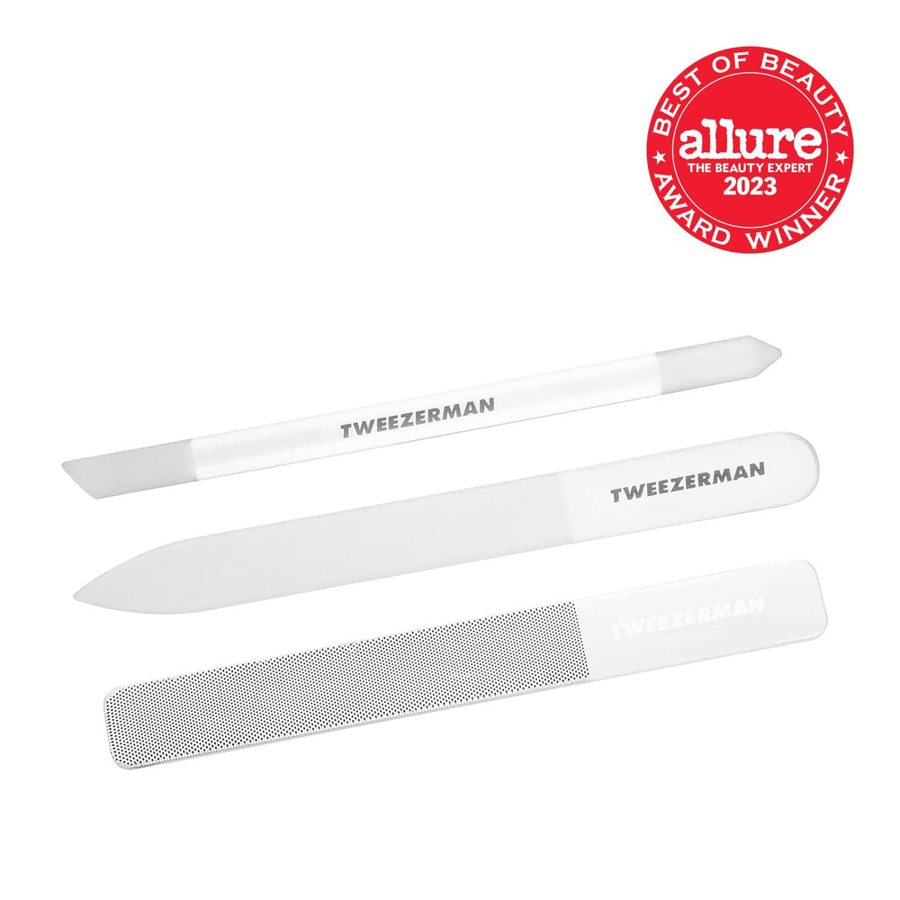 Tweezerman close-up of tempered glass nail file showing fine etched texture
