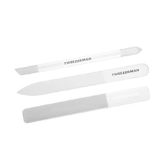 Tweezerman front packaging of glass nailcare set showing components and benefits