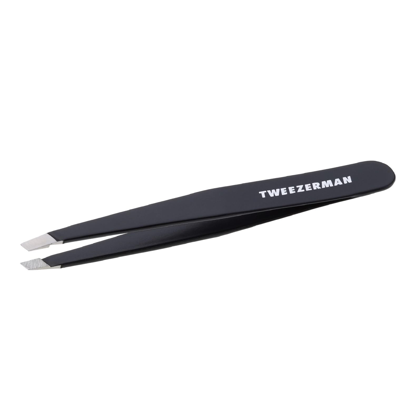 Tweezerman slant tweezer front view shows sleek midnight finish and precise grip benefit
