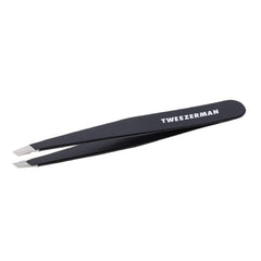 Tweezerman slant tweezer front view shows sleek midnight finish and precise grip benefit