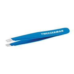 Tweezerman mini slant tweezer Bahama Blue front view shows compact, professional design