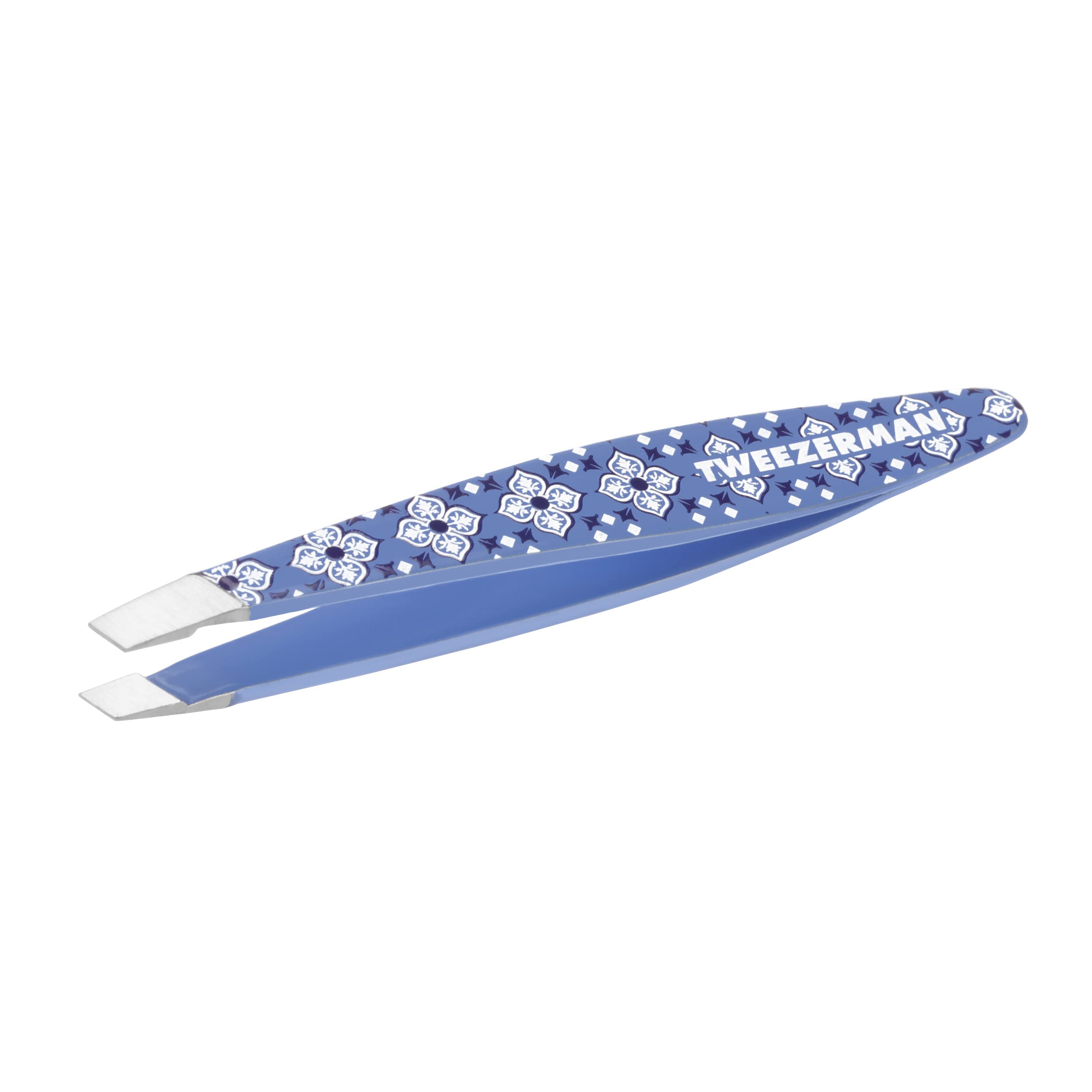 Tweezerman mini slant front view Lisbon Sea showing compact design and portability