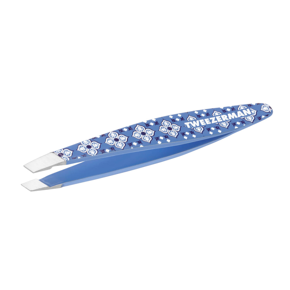 Tweezerman mini slant front view Lisbon Sea showing compact design and portability