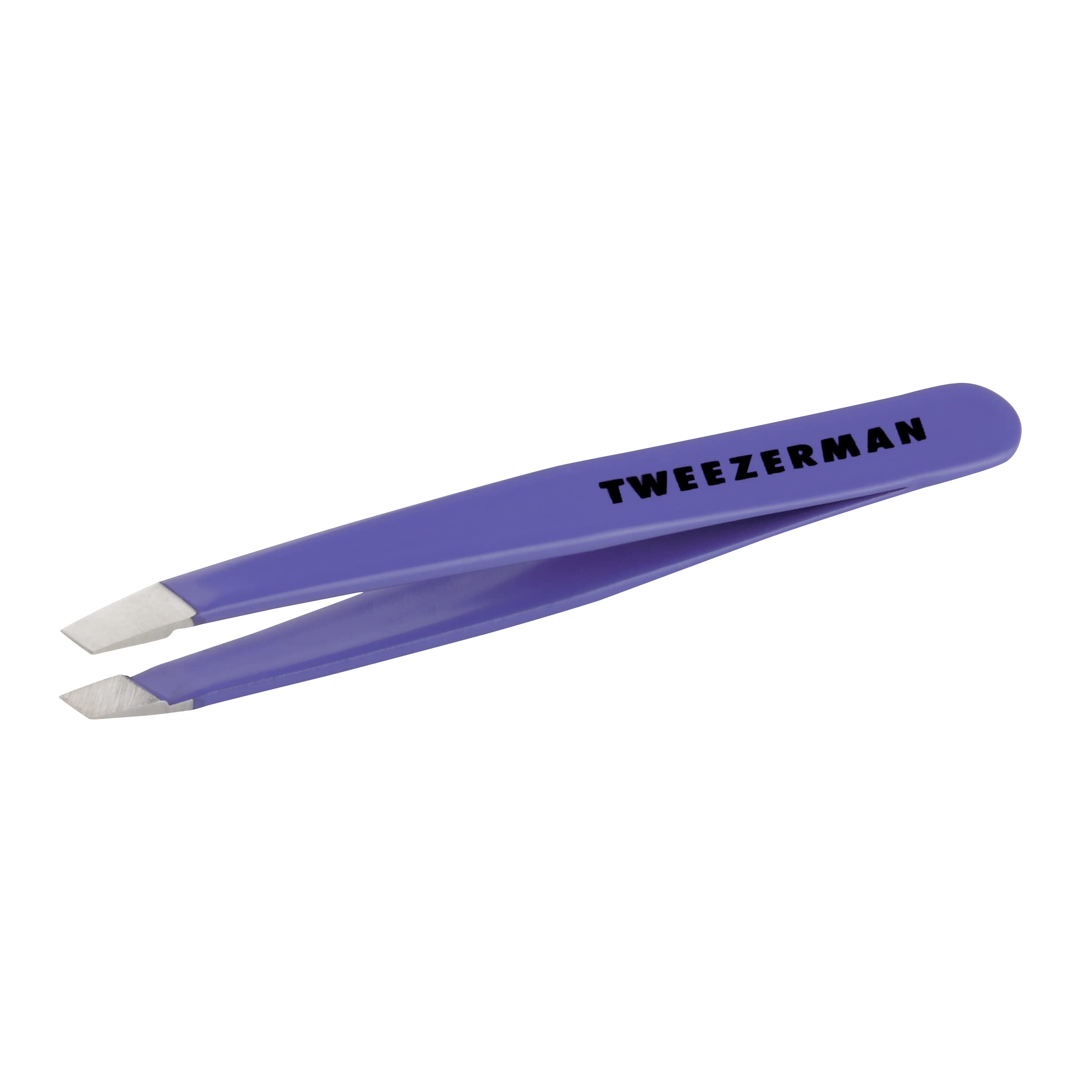 Tweezerman mini slant front view showing compact lilac tweezer and precise tips for accurate shaping