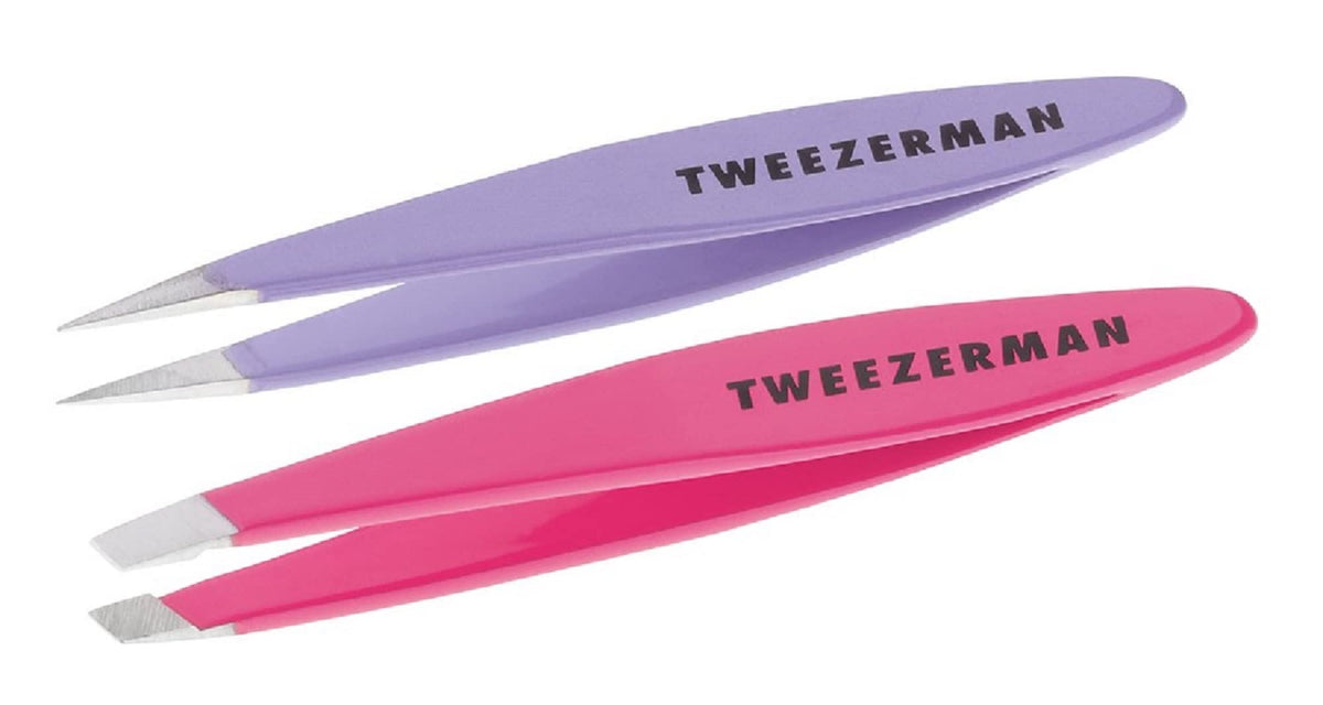 Tweezerman mini set front view showing compact travel-ready tweezers for precise shaping