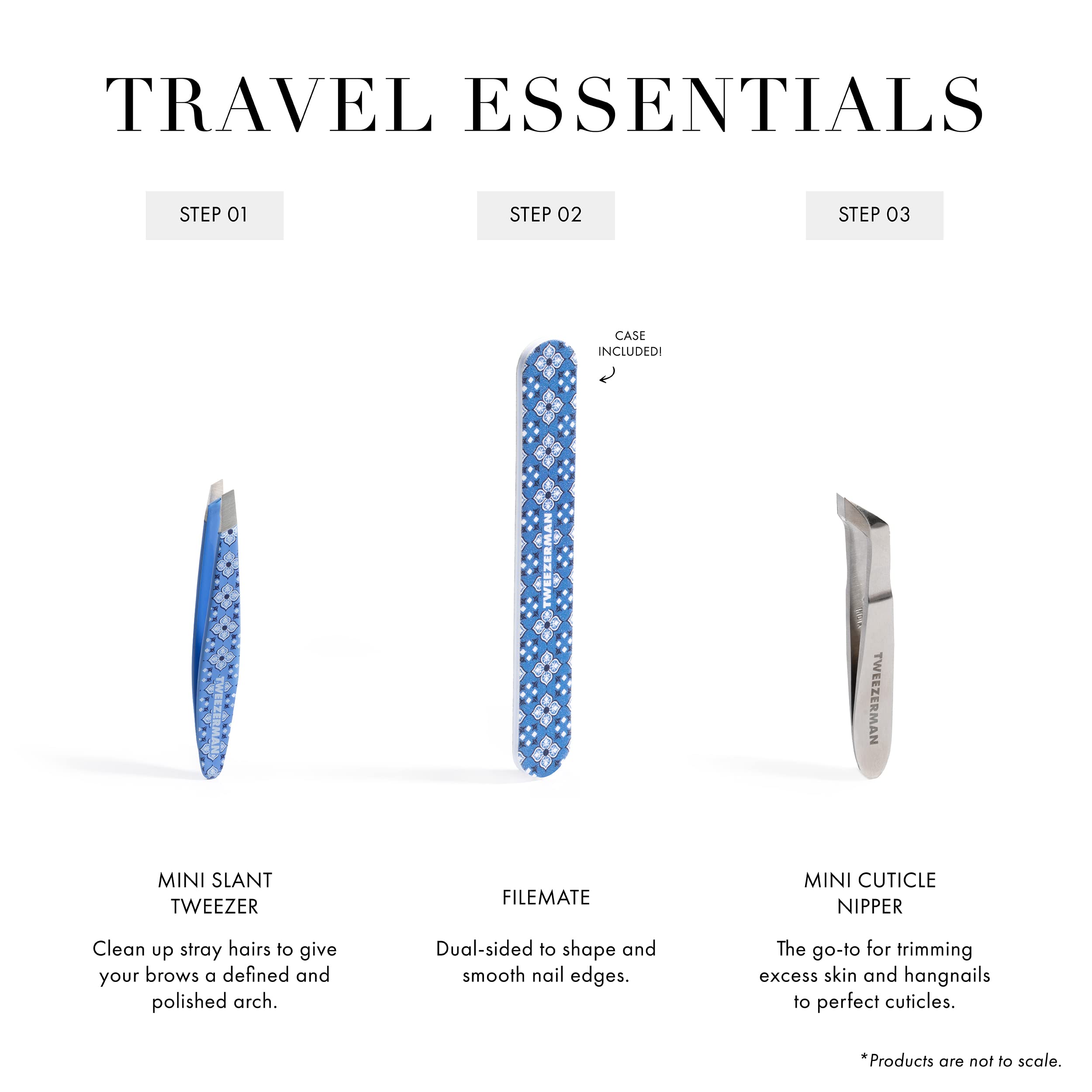 Tweezerman mini slant scale with coin illustrating compact travel size and convenience