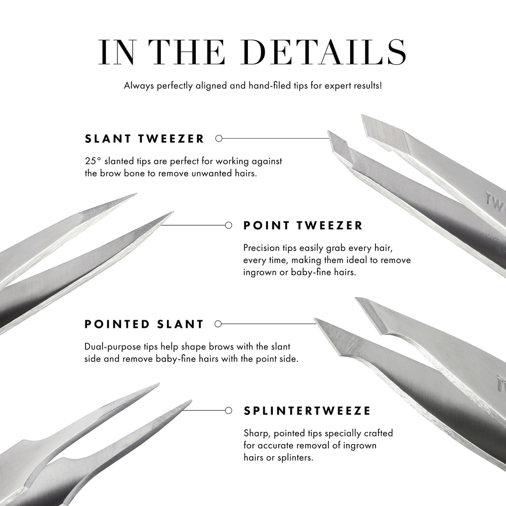 Tweezerman tip close-up revealing hand-filed edges for accurate hair removal