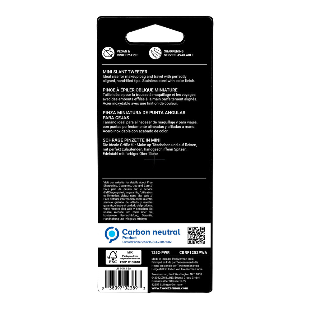 Tweezerman mini slant in travel pouch depicting portability and on-the-go touch-ups