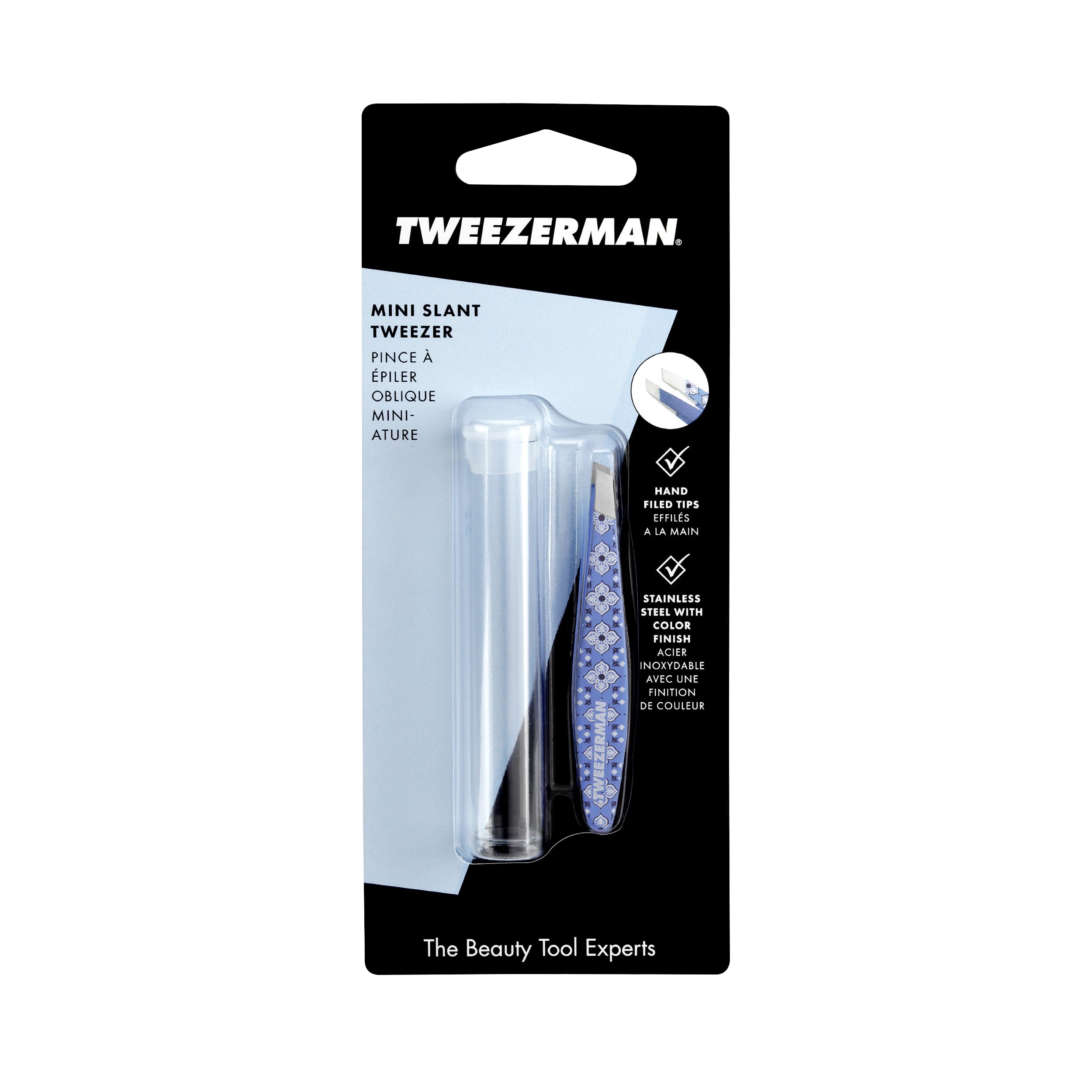 Tweezerman mini slant tip alignment macro showing perfectly aligned tips for clean pulls