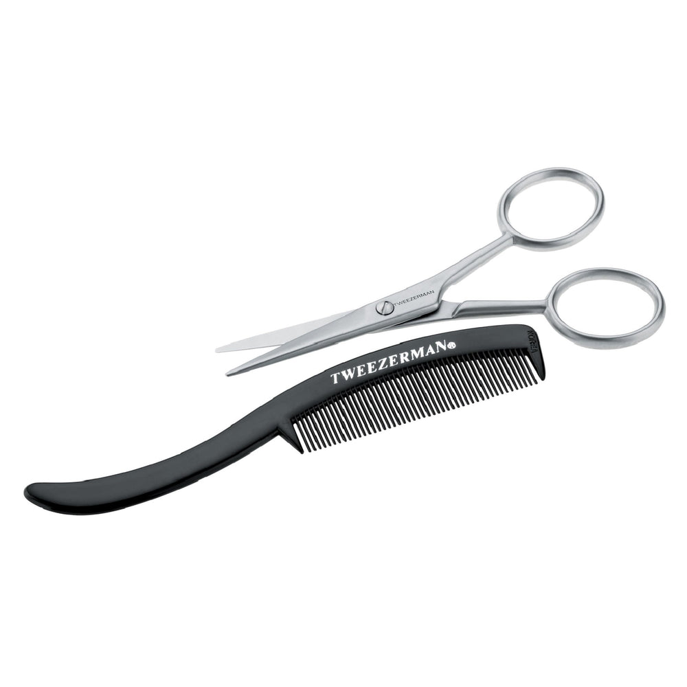 Tweezerman front view of moustache scissors and comb showing compact kit and neat styling benefit