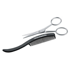 Tweezerman front view of moustache scissors and comb showing compact kit and neat styling benefit