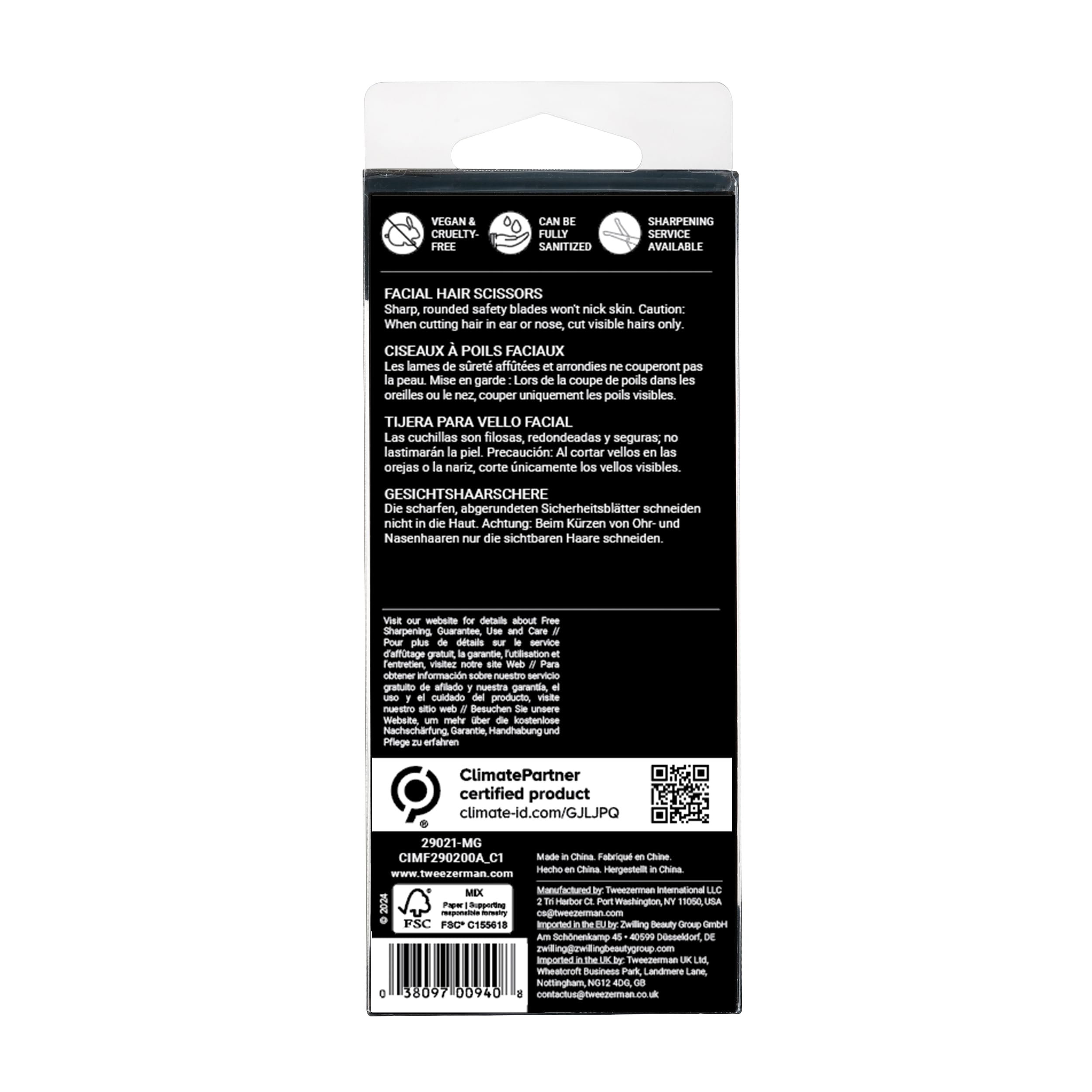 Tweezerman packaging and branding image showing retail-ready presentation and care info