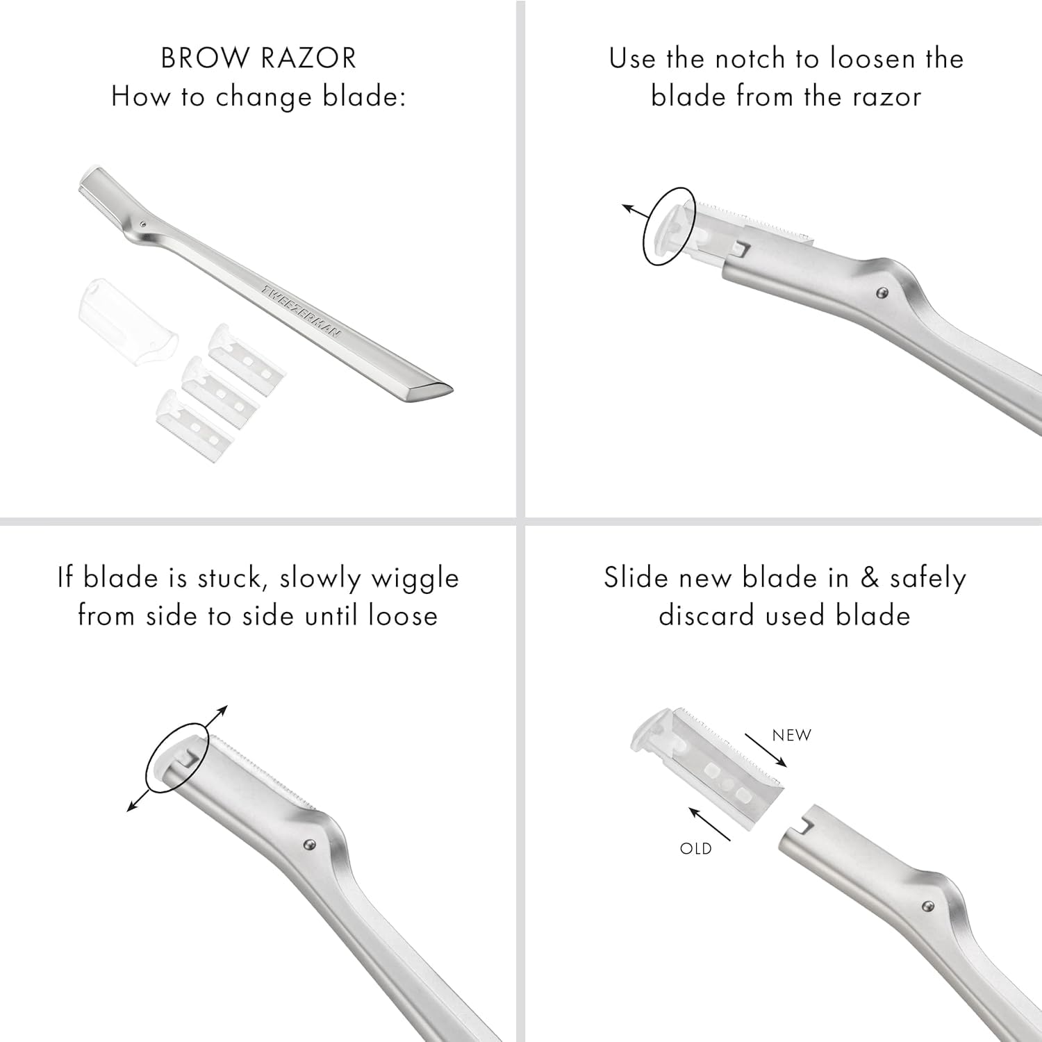 Tweezerman packaging with three replacement blades and safety cap for hygienic storage