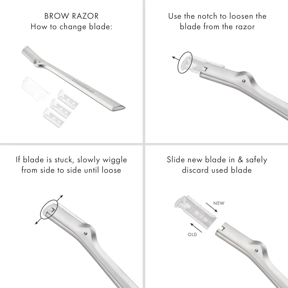 Tweezerman packaging with three replacement blades and safety cap for hygienic storage