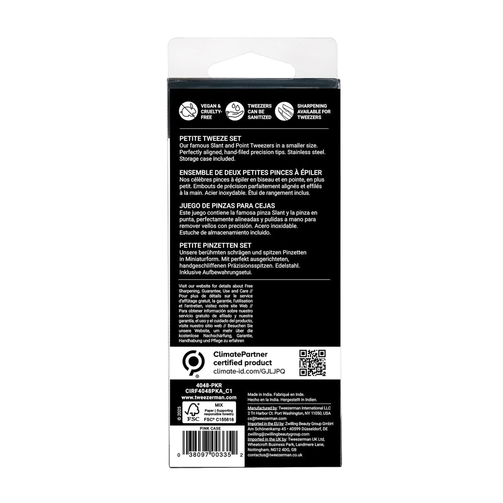 Tweezerman product package back label showing care and materials information