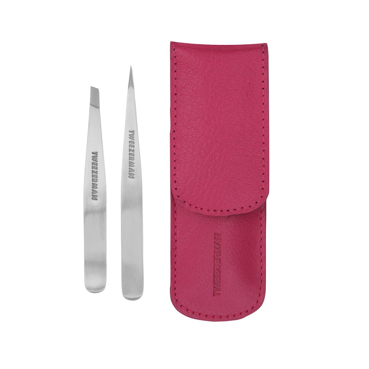 Tweezerman petite set front view showing pink case and tweezer pair for travel convenience