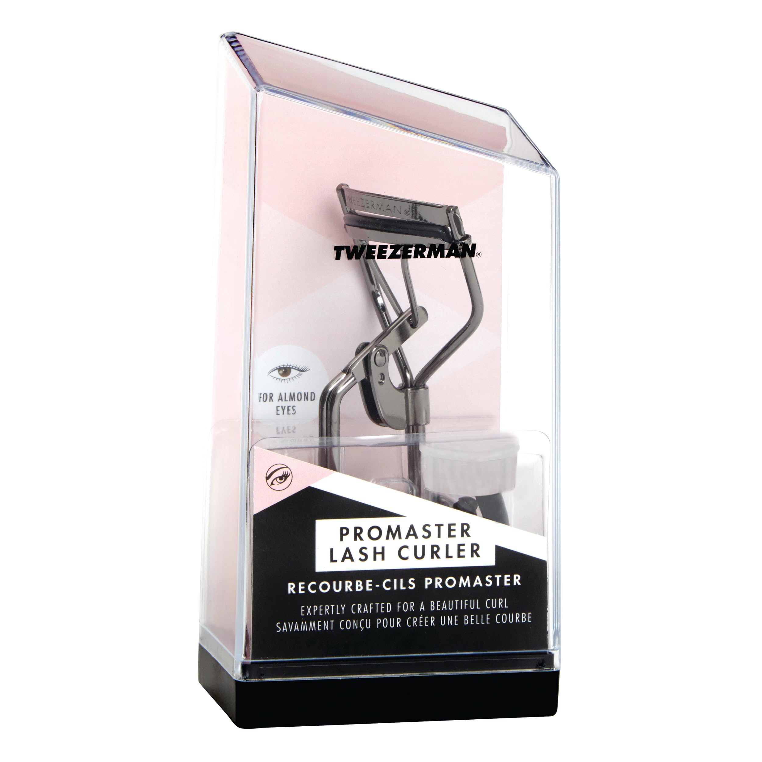 Tweezerman Pro Master used near eye in makeup setting showing targeted lift and natural-looking curl