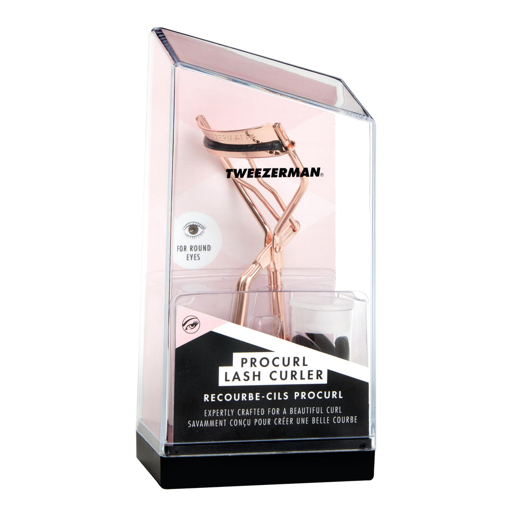 Tweezerman ProCurl rose gold finish detail demonstrating durable, polished tool quality