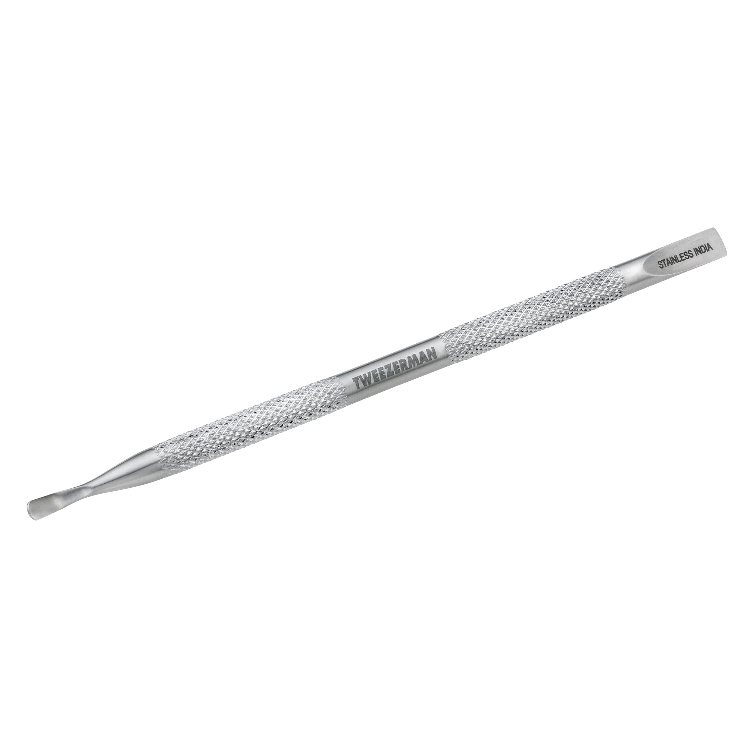 Tweezerman Pushy cuticle pusher front view showing dual ends and durable finish