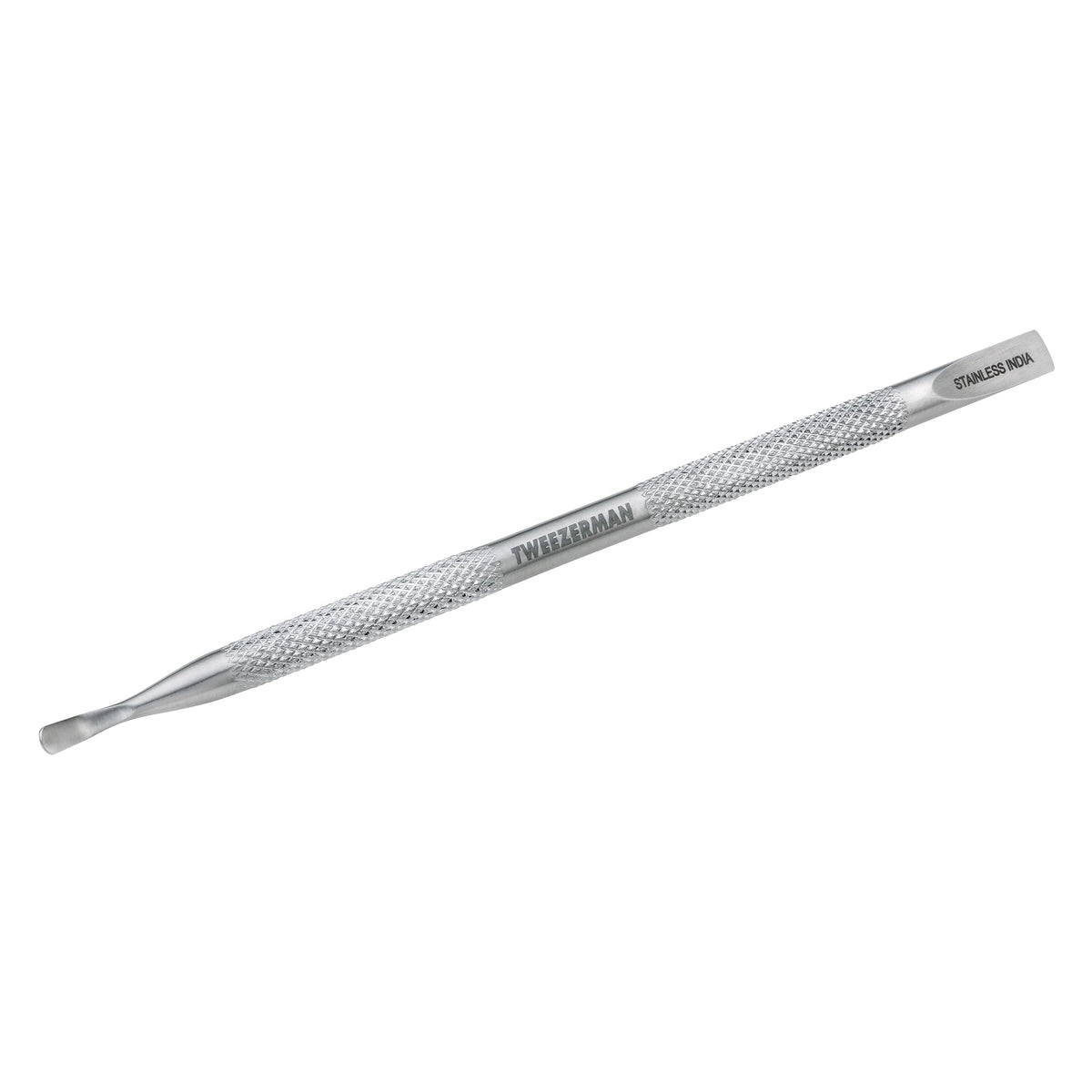 Tweezerman Pushy cuticle pusher front view showing dual ends and durable finish