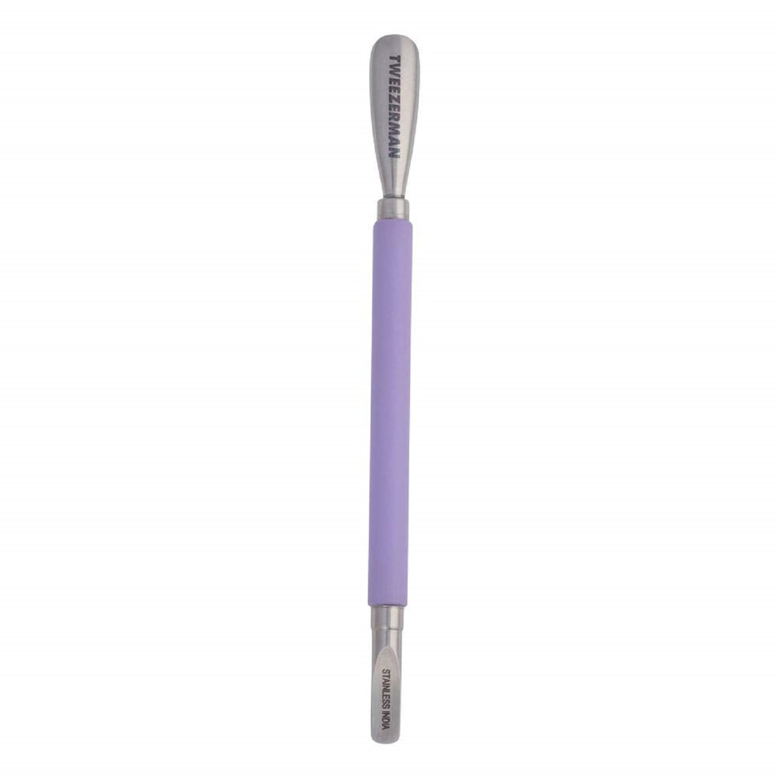 Tweezerman Pushy front view showing dual-ended design and compact benefits