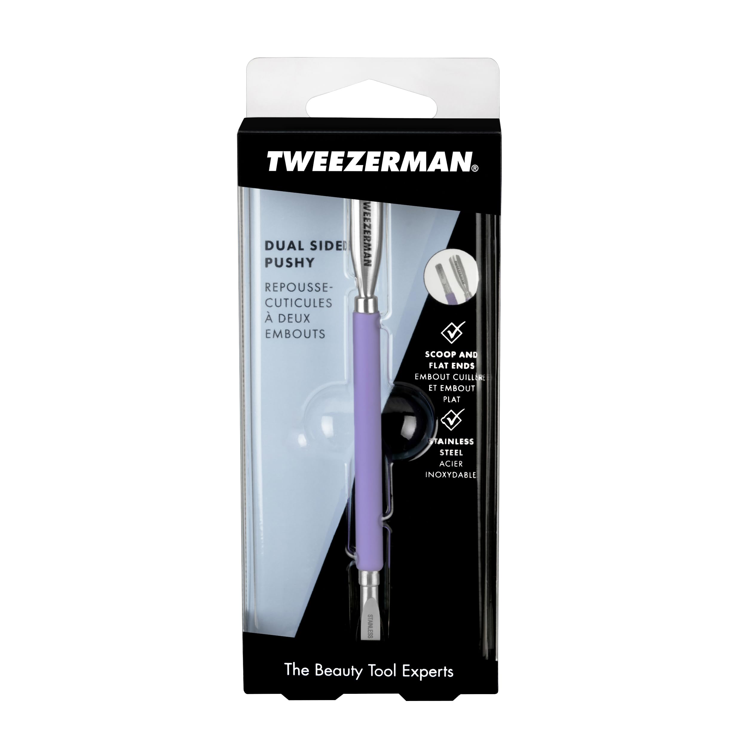 Tweezerman Pushy size comparison next to coin for scale and portability