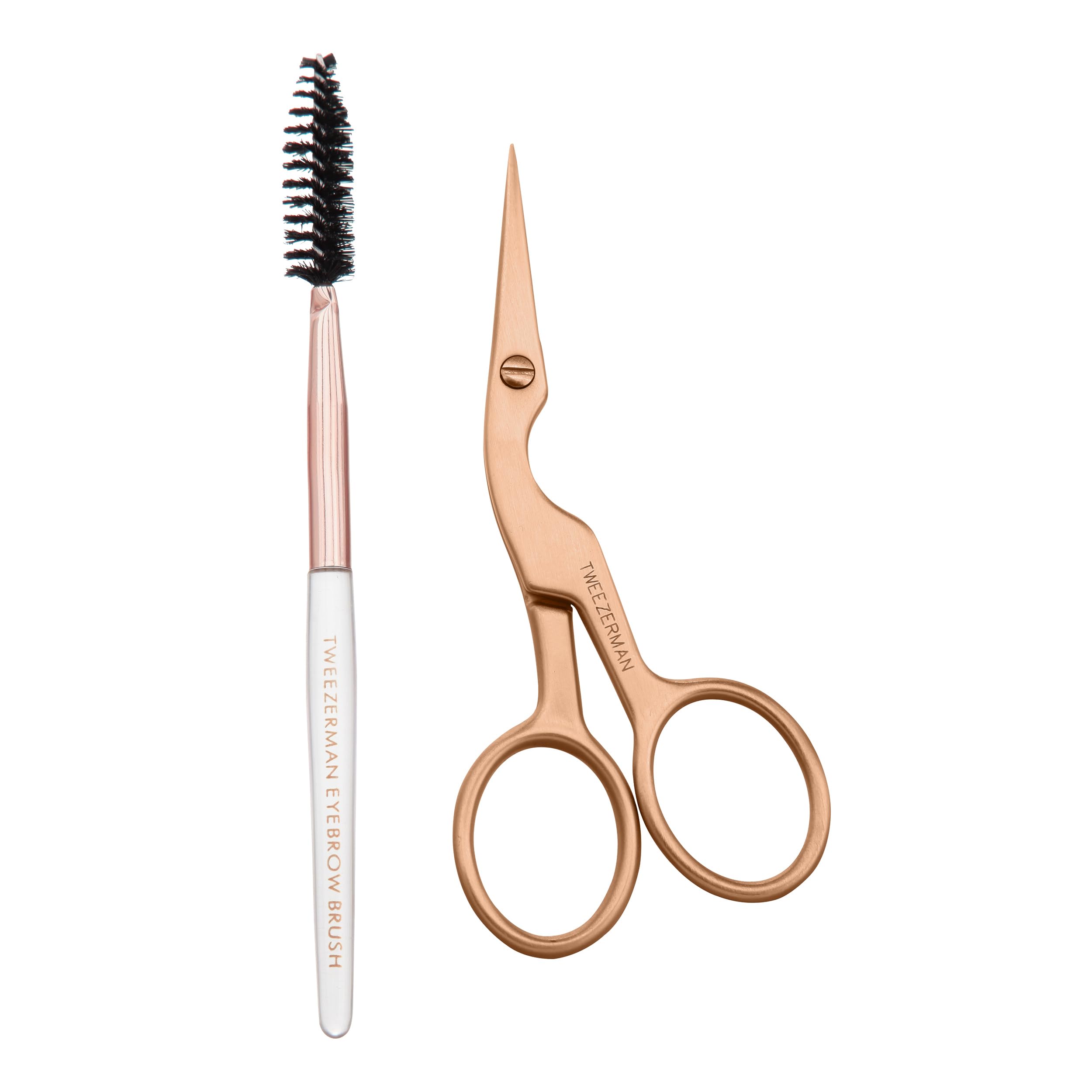 Tweezerman rose gold set front view showing compact grooming tools and polished finish