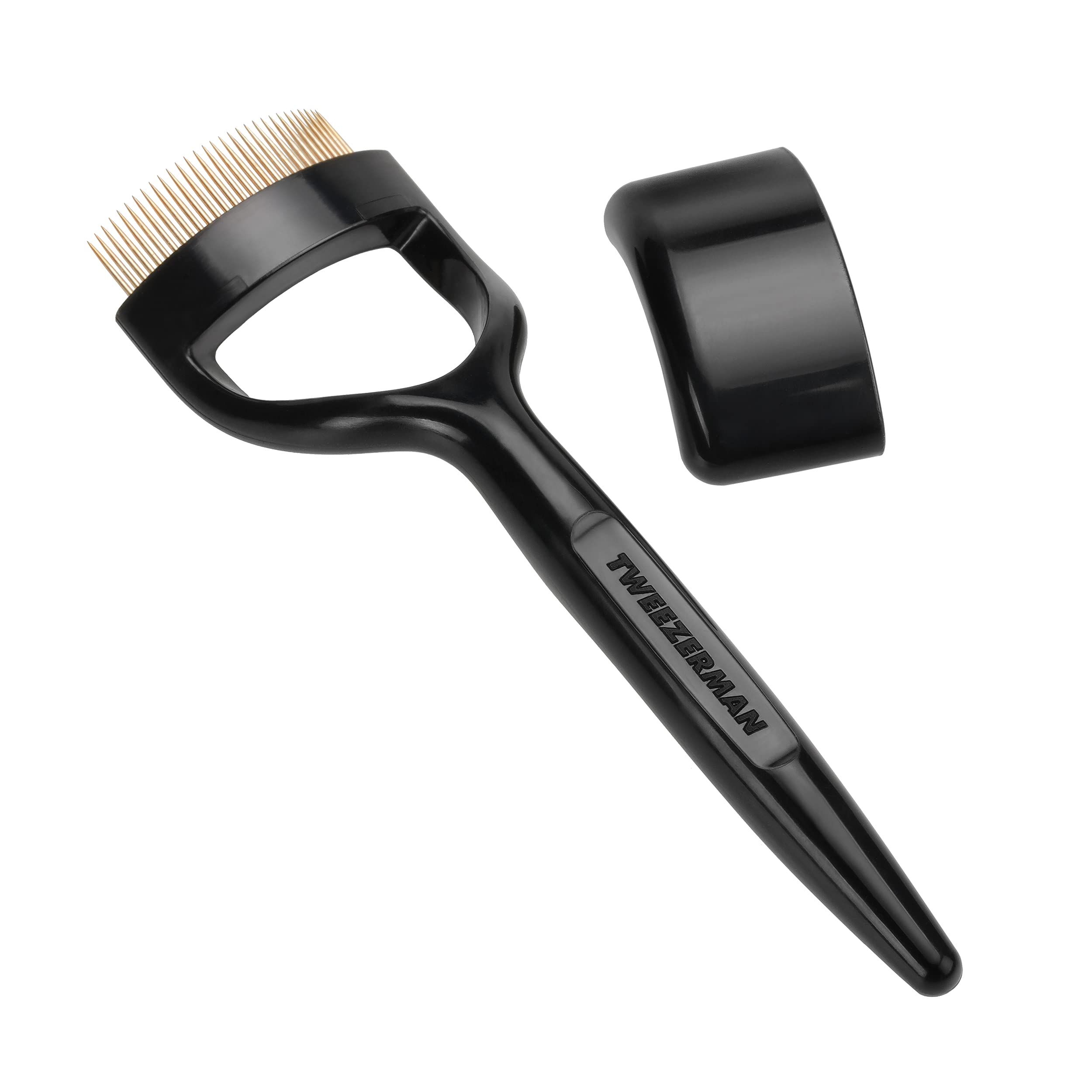 Tweezerman front view of curved lash comb showing compact shape and precision